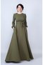Khaki Crew Neck Long Sleeve Woven Fabric Waist Gathered Belted Pocketed Maxi Length Event & Evening Dress - 3