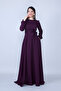 Plum Crew Neck Long Sleeve Woven Fabric Waist Drawstring Belted Maxi Length Invitation & Evening Dress with Pockets - 2