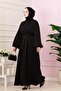 Balloon Sleeve Stoned Shimal Evening Dress-Black - 3