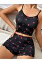 Women's Black Strawberry Patterned Nightgown Pajama Set