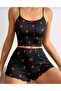 Women's Black Strawberry Patterned Nightgown Pajama Set - 2