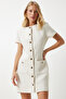 Pocketed Buttoned Mini Tweed Dress Bone Lkj0002 - 3