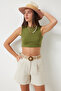 Straw Belted Linen Bermuda Shorts Cream Lmx0005 - 2