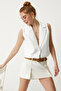 Shawl Collar Crop Linen Vest Ecru Lto0006