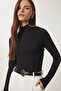 Stand Collar Saran Flexible Knitted Blouse Black Lub0013