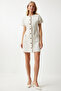 Pocketed Buttoned Mini Tweed Dress Bone Lkj0002