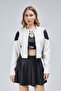 Women's Oversize Zippered Collar Snap Fastener Shoulder and Skirt White Patterned College Racer Jacket Biker Coat - 4