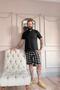 Men's Short Sleeve Pajamas Set with Black Plaid Line Edge Detail Shorts - 6