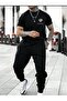 Men's Black Jogger Tracksuit Set - Side Chest Black Printed T-Shirt and Sweatpants