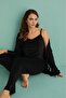 Women's Black Velvet Rope Strap Dressing Gown Flat Leg High Quality Pajamas Set