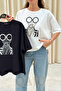 Women's Ecru Women's Pattern Crew Neck Oversize T-Shirt (T-Shirt) - 5