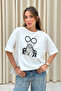 Women's Ecru Women's Pattern Crew Neck Oversize T-Shirt (T-Shirt) - 4