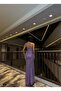Women's Lilac Strapless Neckline Slit Detailed Draped Long Glitter Sequin Sequined Maxi Evening Dress - 4