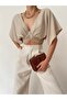 Short Sleeve V-Collar Linen Back Lacing Mini Abdominal Low-Cut Summer Combination Crop Blouse