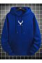 Geyik Logo Thick Winter Sweatshirt - Sax Blue Printed Oversized Hoodie with Raised Pockets - 3