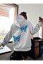 3 Yarns Beatiful Butterfly Design Thick Winter Sweatshirt - Gray Printed Oversize Hoodie with Pockets - 5