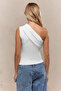 Single Shoulder Gathered Asymmetrical Neckline Ecru Blouse - 4