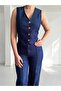 Gold Buttoned High Waist Wide Leg Striped Denim Trousers & Crop Denim Vest - 7