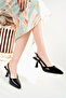 Women's Black Patent Leather Pointed Heeled Shoes with Thin Buckle