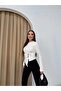 Women's Button Detail White Asymmetrical Long Sleeve Drawstring Basic Crew Neck Blouse - 3