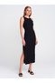 90247 Boat Neck Ribbed Slit Knitwear Dress-Black