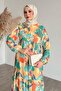 Placket Patterned Chiffon Orange Dress - 3
