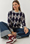 Women's Gray Navy Blue Crew Neck Argyle Patterned Sweater 241192 60261036 - 2