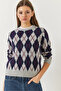 Women's Gray Navy Blue Crew Neck Argyle Patterned Sweater 241192 60261036 - 3