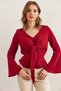 Women's Burgundy V Neck Spanish Sle Knot Detail Flowy Blouse Blz- 19002828 - 5
