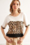 Women's White Black Roba Leopard Decorated Knitted Viscose T-Shirt Tsh-19000835