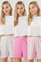 Pembe-Çok Renkli 3'lü Paket %100 Pamuklu Çiçekli ve Çizgili Örme Pijama Altı THMSS25PJ00014