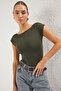 Haki Fitted/Vücuda Oturan Kayık Yaka Esnek Çıtçıtlı Örme Body TWOSS24BD00029