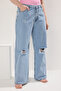 Buz Mavi Yüksek Bel Destroylu Geniş Paça/Wide Leg %100 Pamuk Non-Stretch Jeans TBBSS22JE00006 - 3