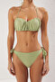 Yağ Yeşili Simli Drapeli Straplez Kaplı Regular Normal Bel Bikini Takımı TBESS25BT00097 - 3