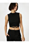 Stand Collar Crop Tank Top with Metal Accessory Detail