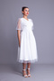 Pearl Tulle Covered V Neck Short Balloon Sleeve Midi Length Evening Dress - 4