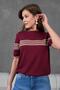 Women's Crew Neck Short Sleeve Striped Knit Blouse 25111 Burgundy-Beige - 3
