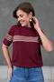 Women's Crew Neck Short Sleeve Striped Knit Blouse 25111 Burgundy-Beige