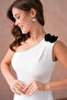 Women's White Lined Atlas Fabric Shoulder Double Rose Design Skirt Pleated Mini Flared Dress 9357 - 8
