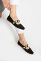 Tweed Pearl Detail Closed Back Low Heeled Mary Jane Daily Black Straw Women's Ballerinas - 2