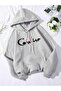 3 İplik Coraline Winter Sweatshirt - Gray Printed Oversize Hooded Hoodie - 2