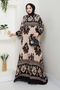Colorful Patterned Viscose Dress - Black Beige/ E0122 - 2