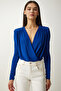 Padded Wrap Neck Knitted Blouse - Cobalt Blue Lff0003