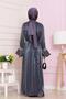 Evening Dress with Flounce Sleeves and Embroidery Detail - Navy Blue - 5
