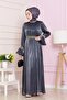 Evening Dress with Flounce Sleeves and Embroidery Detail - Navy Blue