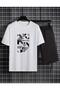 Simple Style Printed T-Shirt Short Wide Leg Comfortable Fit Black Bottom White Top Short Set