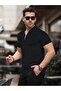 David Men's Zippered Polo Neck Cotton Fabric Black Short Sleeve T-Shirt - 2
