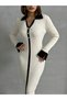 Women's Ecru Polo Neck Stylish Sleeves Detail Midi Knitwear Dress - 2