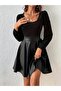 Women's Long Sleeve Top Viscose Bottom Flared Leather Dress(Without Belt) - 2