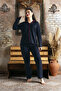 Women's Navy Blue Red Ribbed Long Sleeve Cotton Comfortable Pajamas Set